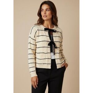 NEW Pretty Garden Medium Cream Black Striped Knit Bow‎ Tie Cardigan Sweater